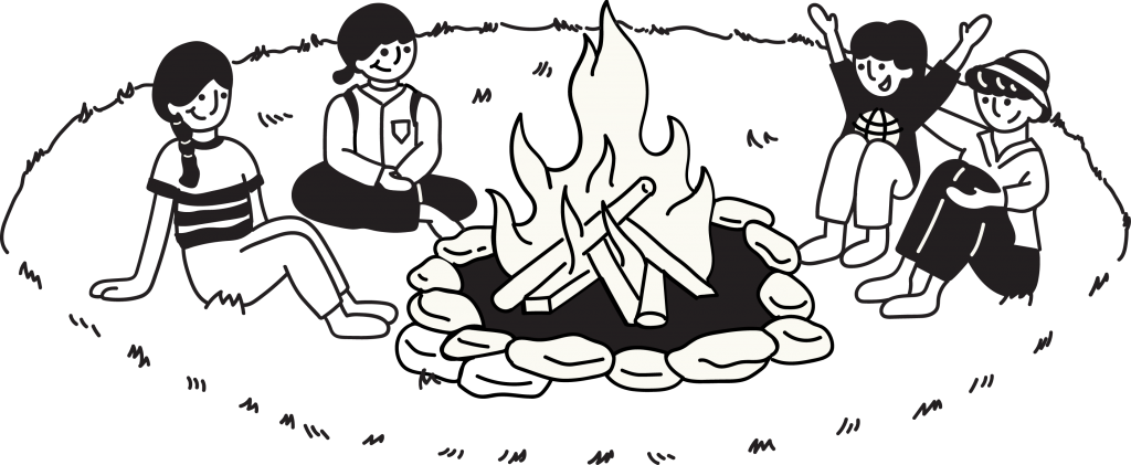 Drawing of smiling Hongkongers together around a campfire.